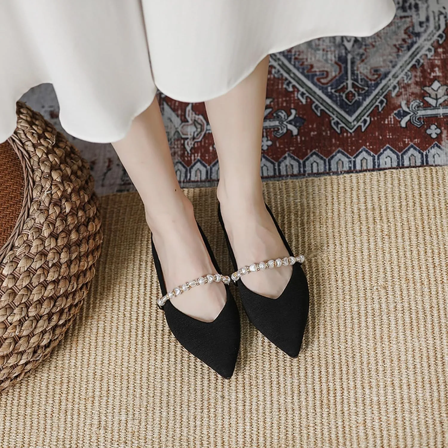 Women's Pointed Toe Pearl Flat Mary Jane Shoes Casual Slip-on Comfort Ballet Flats Shoes for Banquet Party