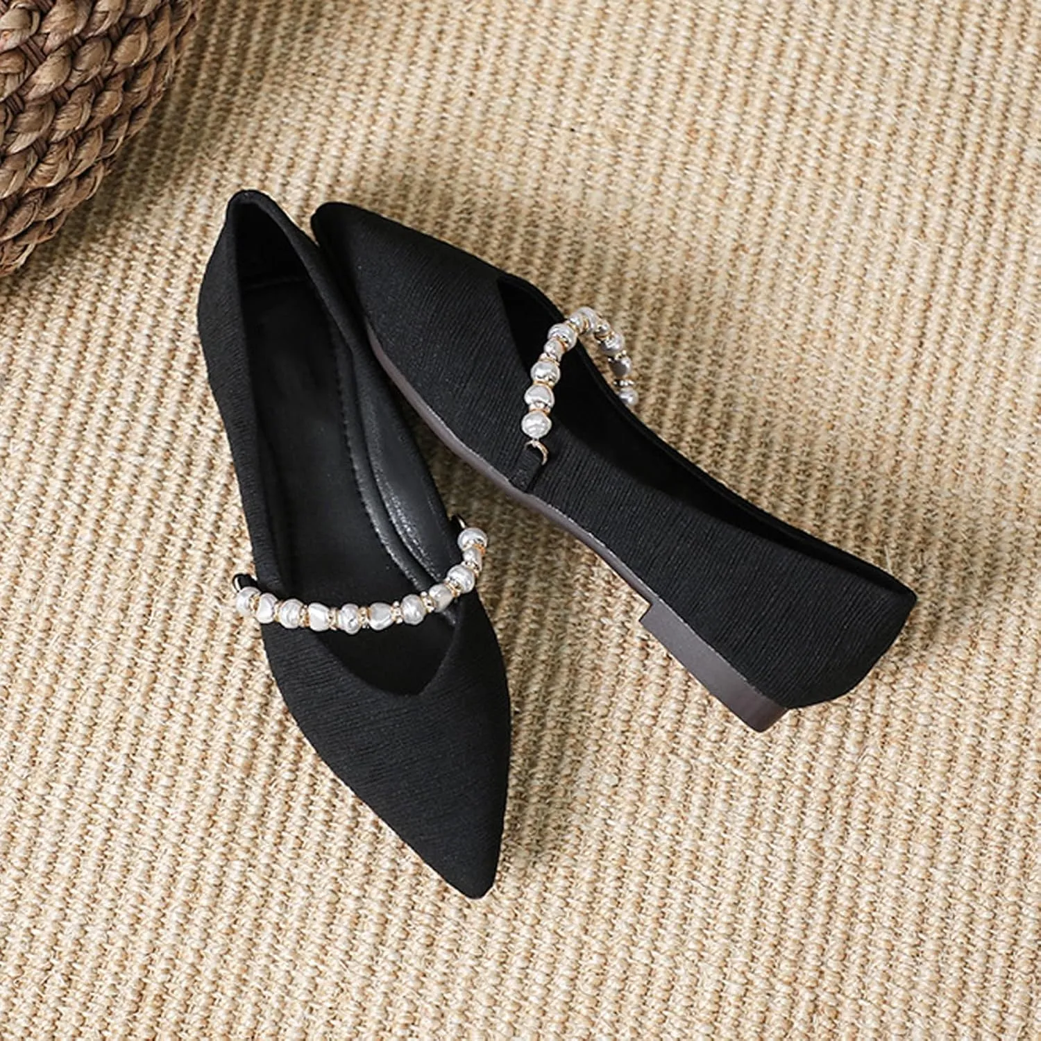 Women's Pointed Toe Pearl Flat Mary Jane Shoes Casual Slip-on Comfort Ballet Flats Shoes for Banquet Party