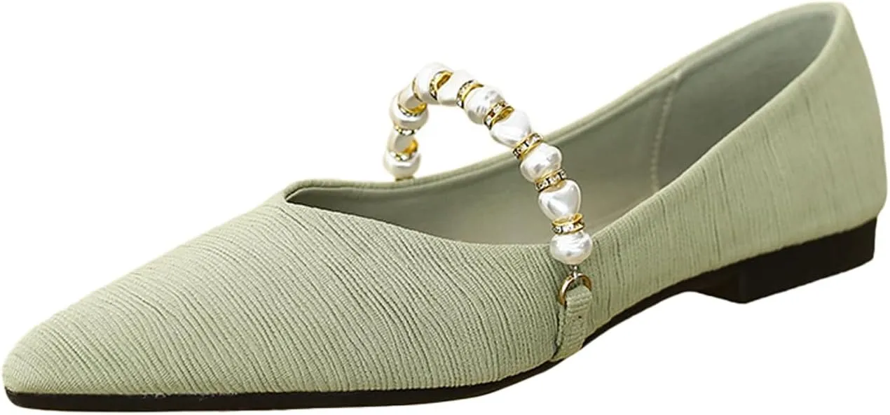 Women's Pointed Toe Pearl Flat Mary Jane Shoes Casual Slip-on Comfort Ballet Flats Shoes for Banquet Party