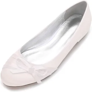 Women's Round Toe Ballet Flat Slip on Bow Tie Satin Wedding Bridal Bridesmaid Shoes