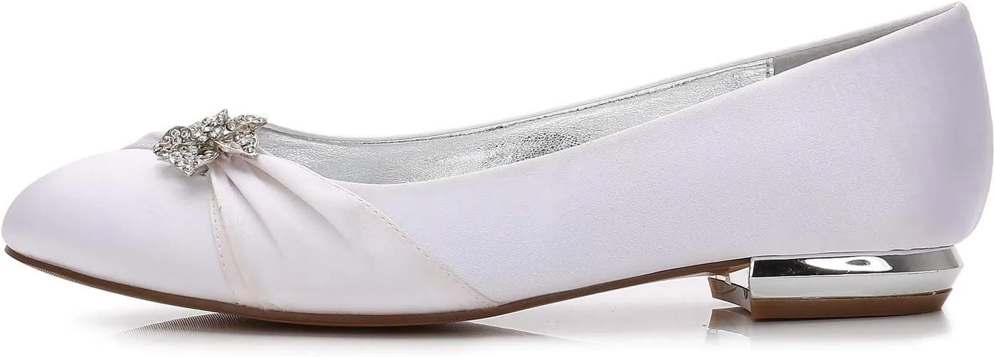 Women's Satin Wedding Flats for Bride Slip On Closed Rhinestones Comfort Flats Pleated Satin Wedding Bridal Shoes Flats Dress Shoes