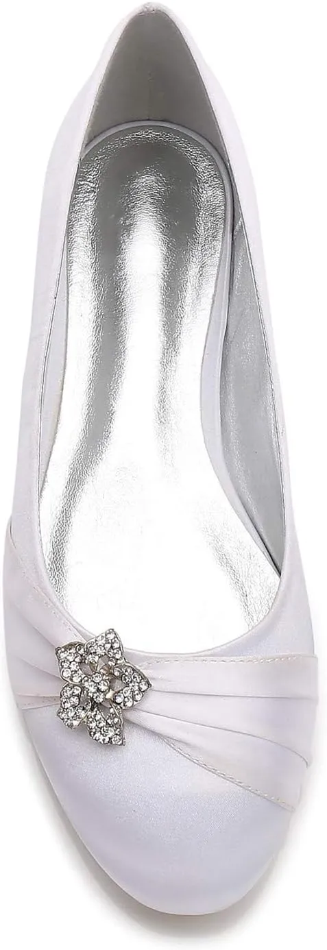 Women's Satin Wedding Flats for Bride Slip On Closed Rhinestones Comfort Flats Pleated Satin Wedding Bridal Shoes Flats Dress Shoes