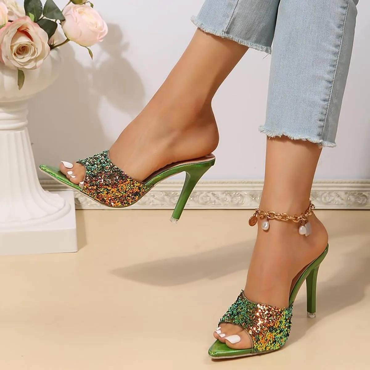 Women's Sequined Pointed Open Toe Stiletto Heel Walking Slide Sandals Fashion Elegant Shiny Slip-On Comfort High Heel Dress Mule Slippers for Prom Wedding Party