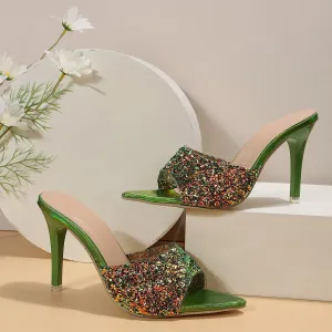 Women's Sequined Pointed Open Toe Stiletto Heel Walking Slide Sandals Fashion Elegant Shiny Slip-On Comfort High Heel Dress Mule Slippers for Prom Wedding Party