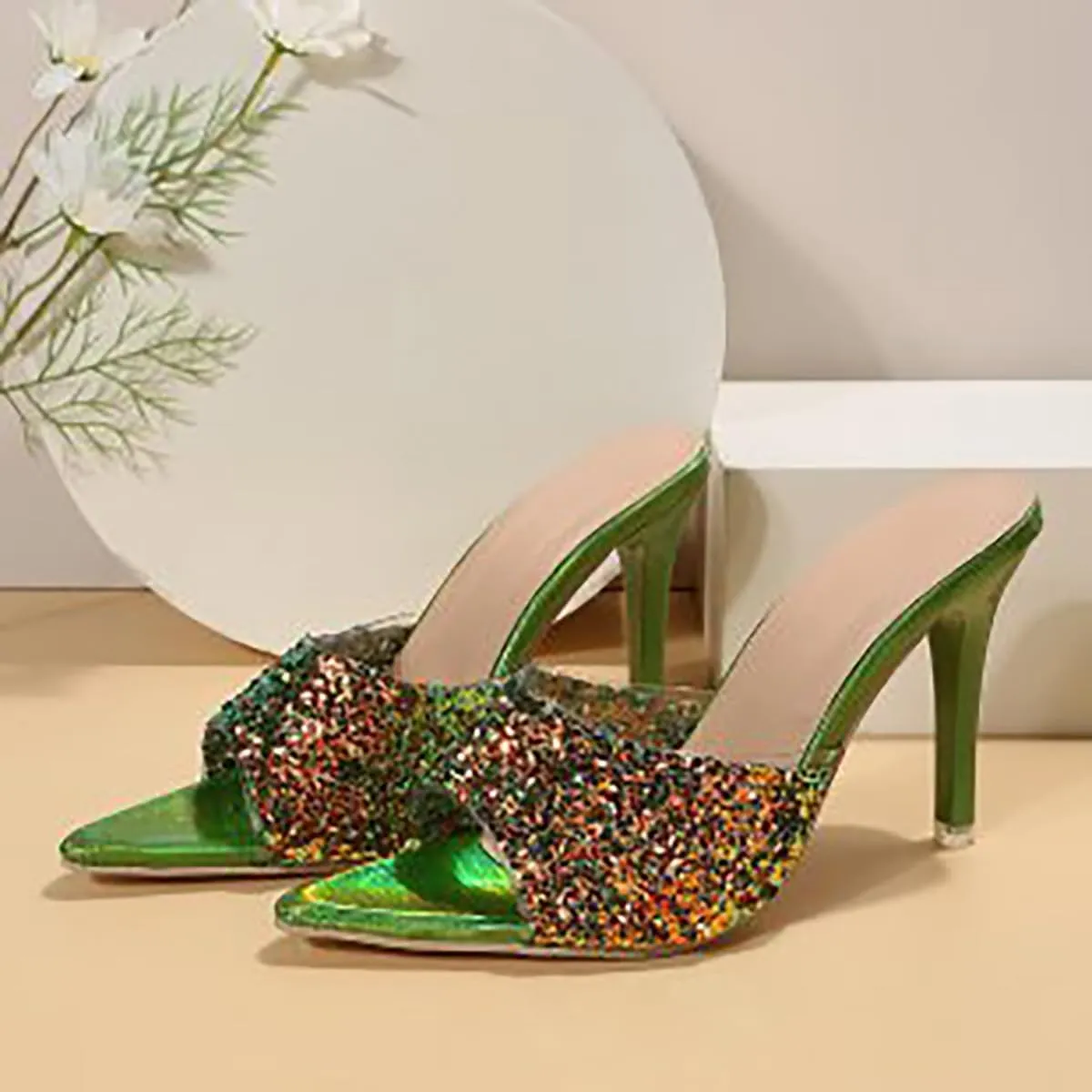 Women's Sequined Pointed Open Toe Stiletto Heel Walking Slide Sandals Fashion Elegant Shiny Slip-On Comfort High Heel Dress Mule Slippers for Prom Wedding Party