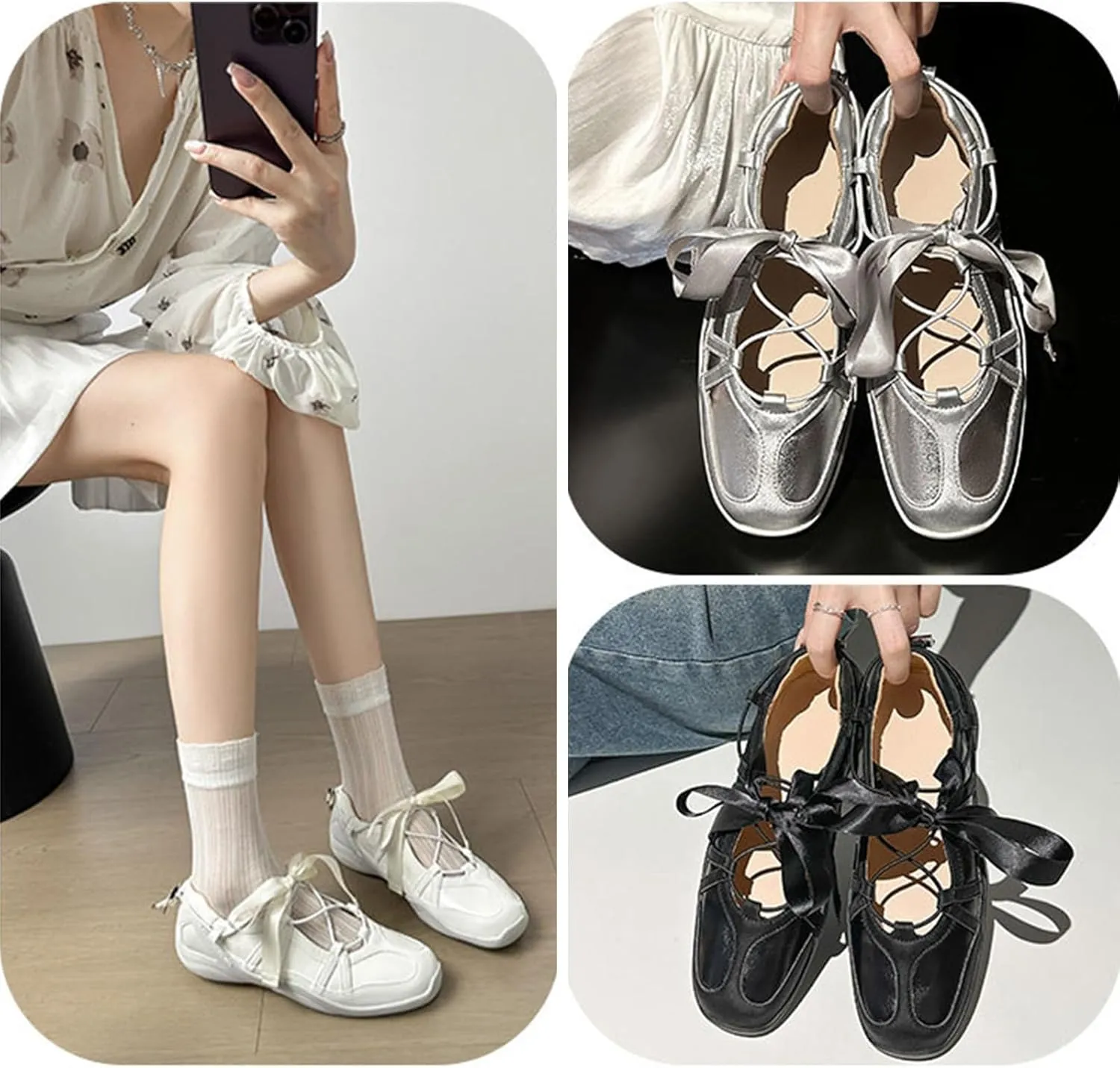 Women's Shiny Leather Mary Jane Sneakers Lace Up Closed Round Toe Ballet Shoes Flat Sneakers for Women Ballet Flats