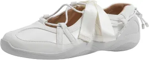 Women's Shiny Leather Mary Jane Sneakers Lace Up Closed Round Toe Ballet Shoes Flat Sneakers for Women Ballet Flats