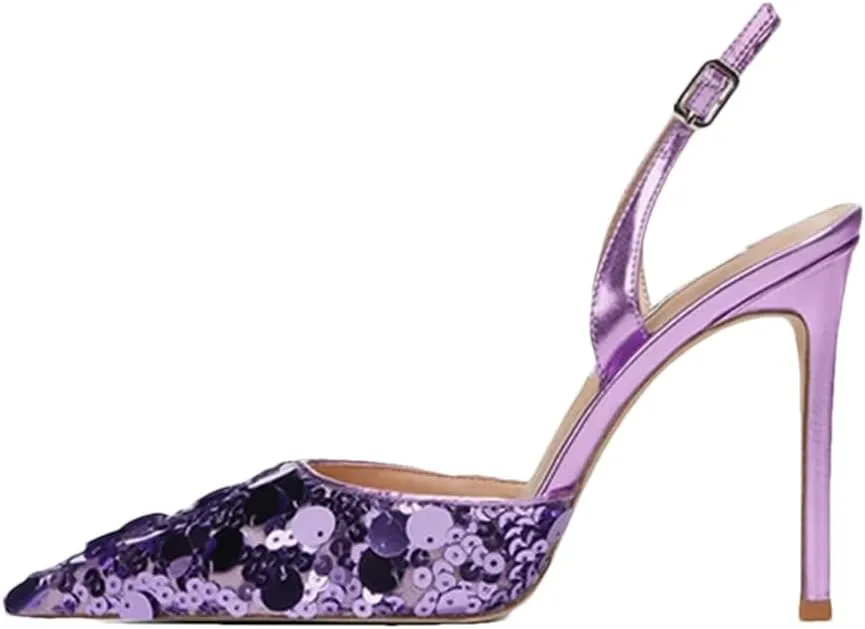 Women's Single Strap Sandals, Sequined Pointed Toe Thin Heel Luxury