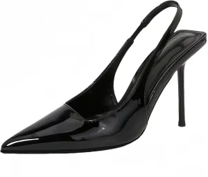 Womens Slingback Pointed Toe High Stiletto Heels Slip-on Pumps Backless Stretch Patent Leather Dress Shoes