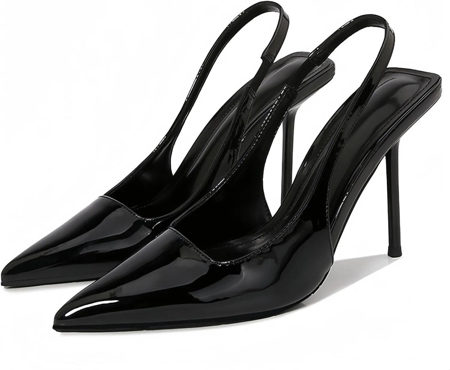 Womens Slingback Pointed Toe High Stiletto Heels Slip-on Pumps Backless Stretch Patent Leather Dress Shoes