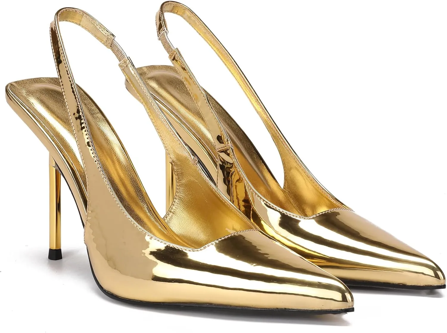 Women's Slingback Stiletto Heels Stretch Strap Slip On Pumps Shoes Pointed Toe Backless Patent Leather Dress High Heels