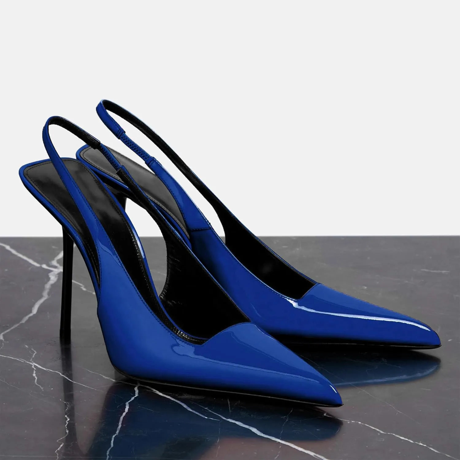 Women's Slingback Stiletto Heels Stretch Strap Slip On Pumps Shoes Pointed Toe Backless Patent Leather Dress High Heels