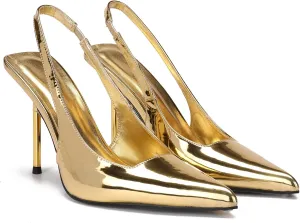 Women's Slingback Stiletto Heels Stretch Strap Slip On Pumps Shoes Pointed Toe Backless Patent Leather Dress High Heels