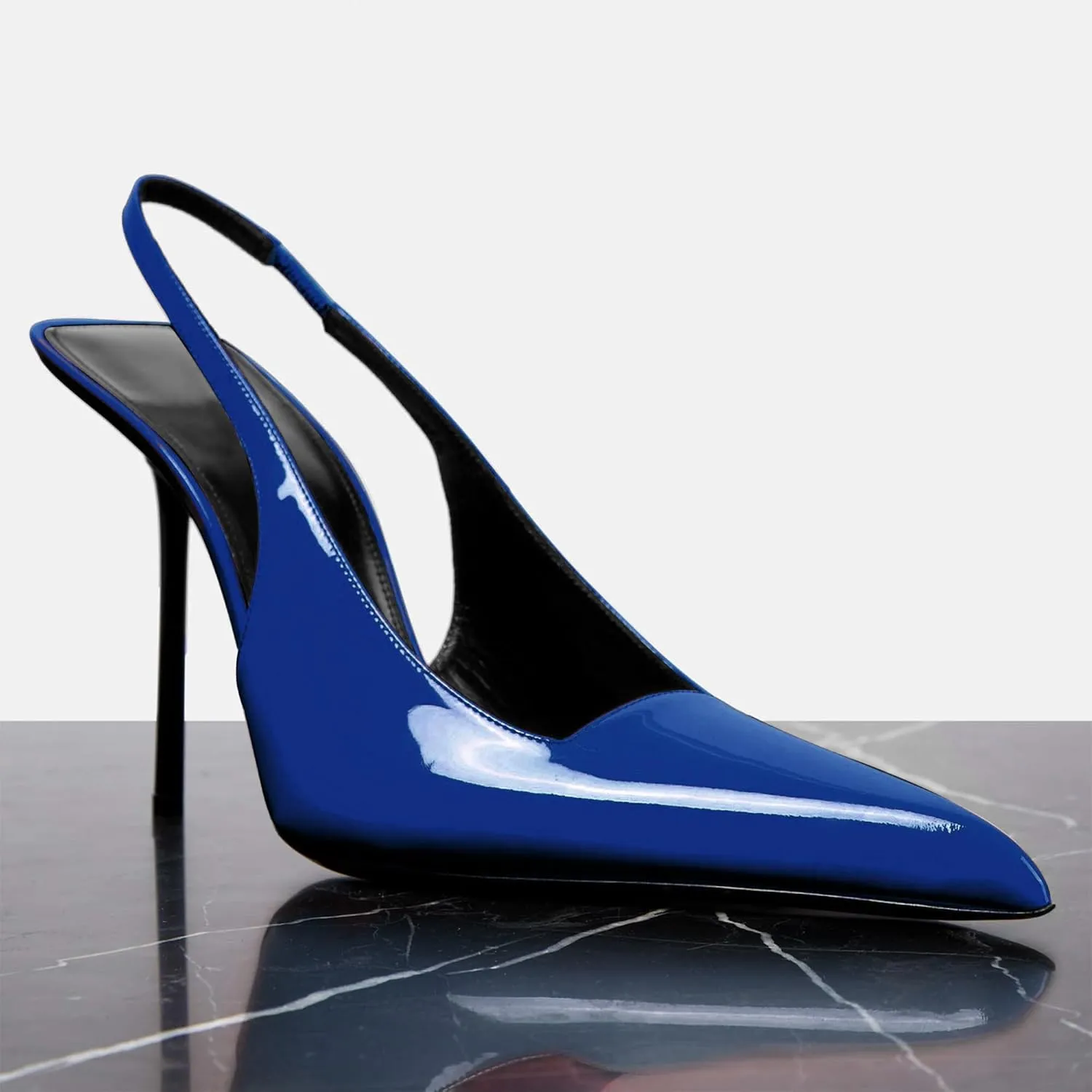 Women's Slingback Stiletto Heels Stretch Strap Slip On Pumps Shoes Pointed Toe Backless Patent Leather Dress High Heels