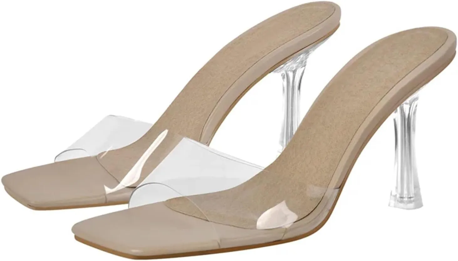 Women's Square Toe PVC Mules - Clear Metal Heel Summer Slip On Sandals