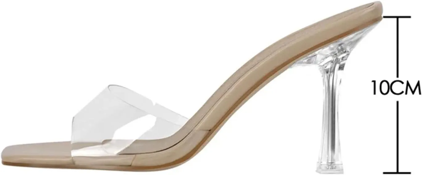 Women's Square Toe PVC Mules - Clear Metal Heel Summer Slip On Sandals