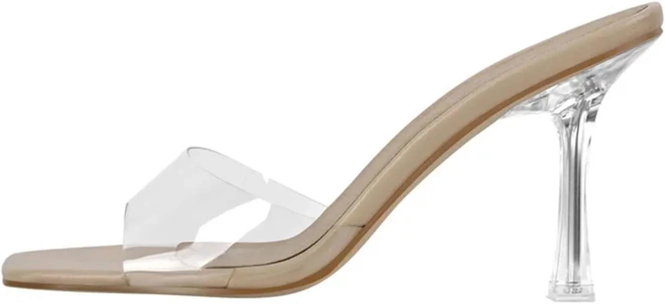 Women's Square Toe PVC Mules - Clear Metal Heel Summer Slip On Sandals