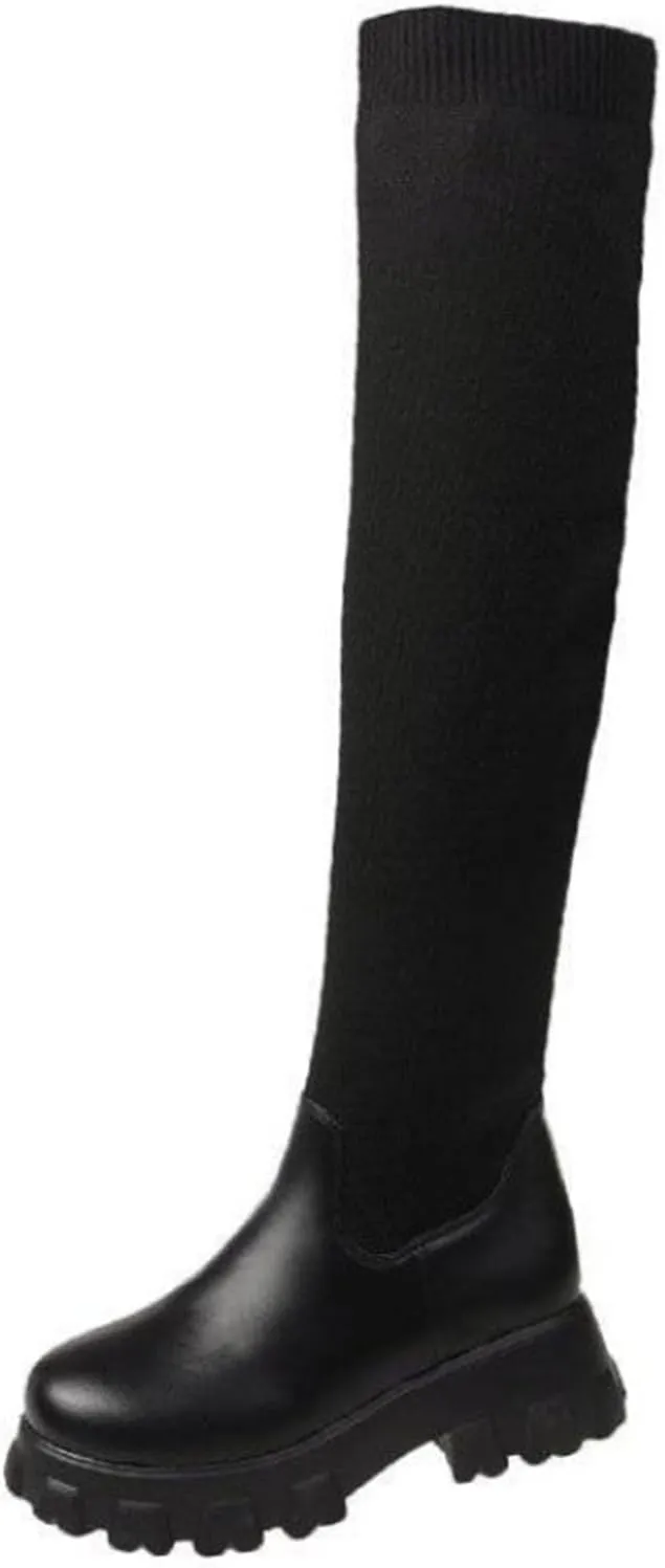 Womens Stretch Knitted Long Tall Boots Winter Round Toe Thigh High Sock Boots Slip On Platform Over The Knee Boots