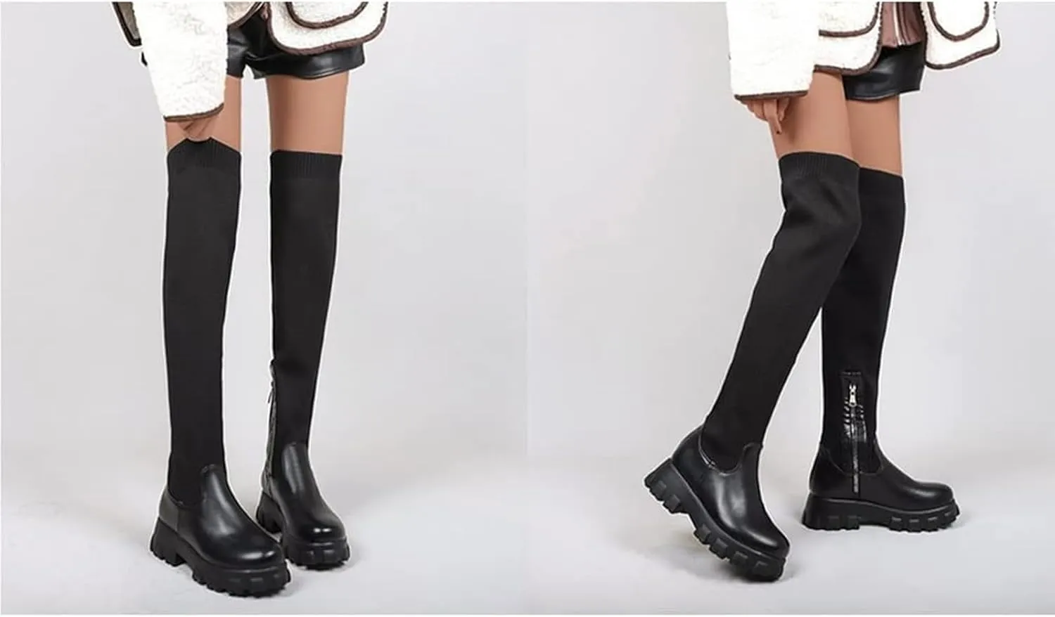 Womens Stretch Knitted Long Tall Boots Winter Round Toe Thigh High Sock Boots Slip On Platform Over The Knee Boots