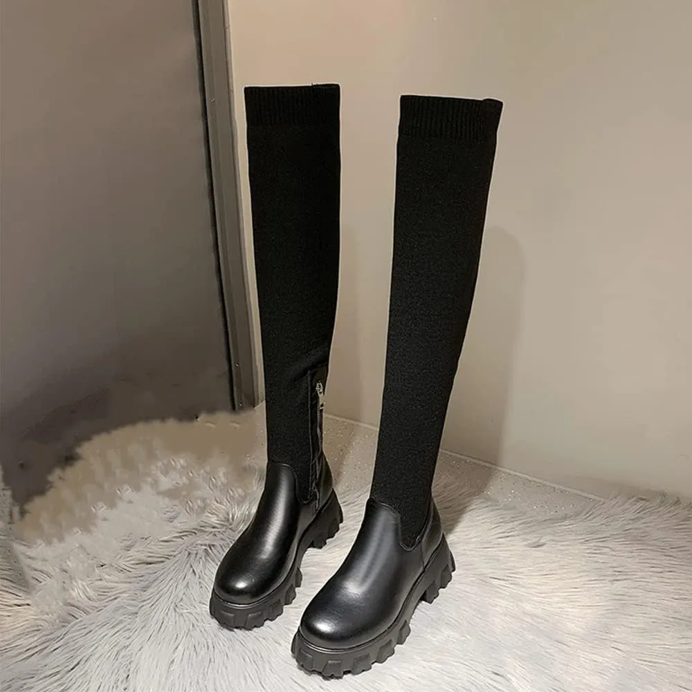 Womens Stretch Knitted Long Tall Boots Winter Round Toe Thigh High Sock Boots Slip On Platform Over The Knee Boots