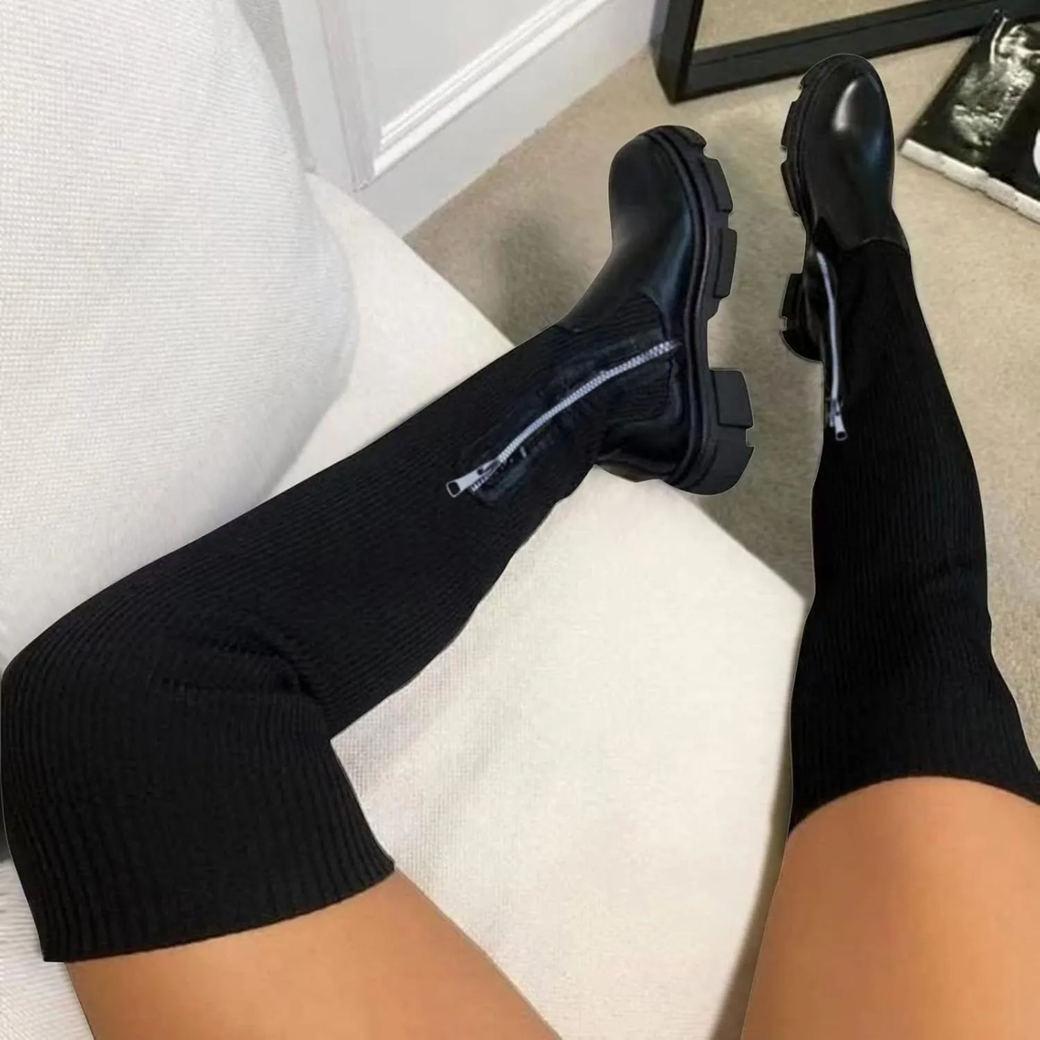 Womens Stretch Knitted Long Tall Boots Winter Round Toe Thigh High Sock Boots Slip On Platform Over The Knee Boots