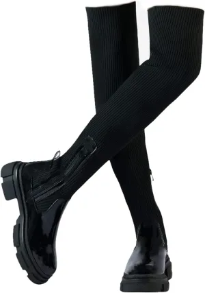 Womens Stretch Knitted Long Tall Boots Winter Round Toe Thigh High Sock Boots Slip On Platform Over The Knee Boots