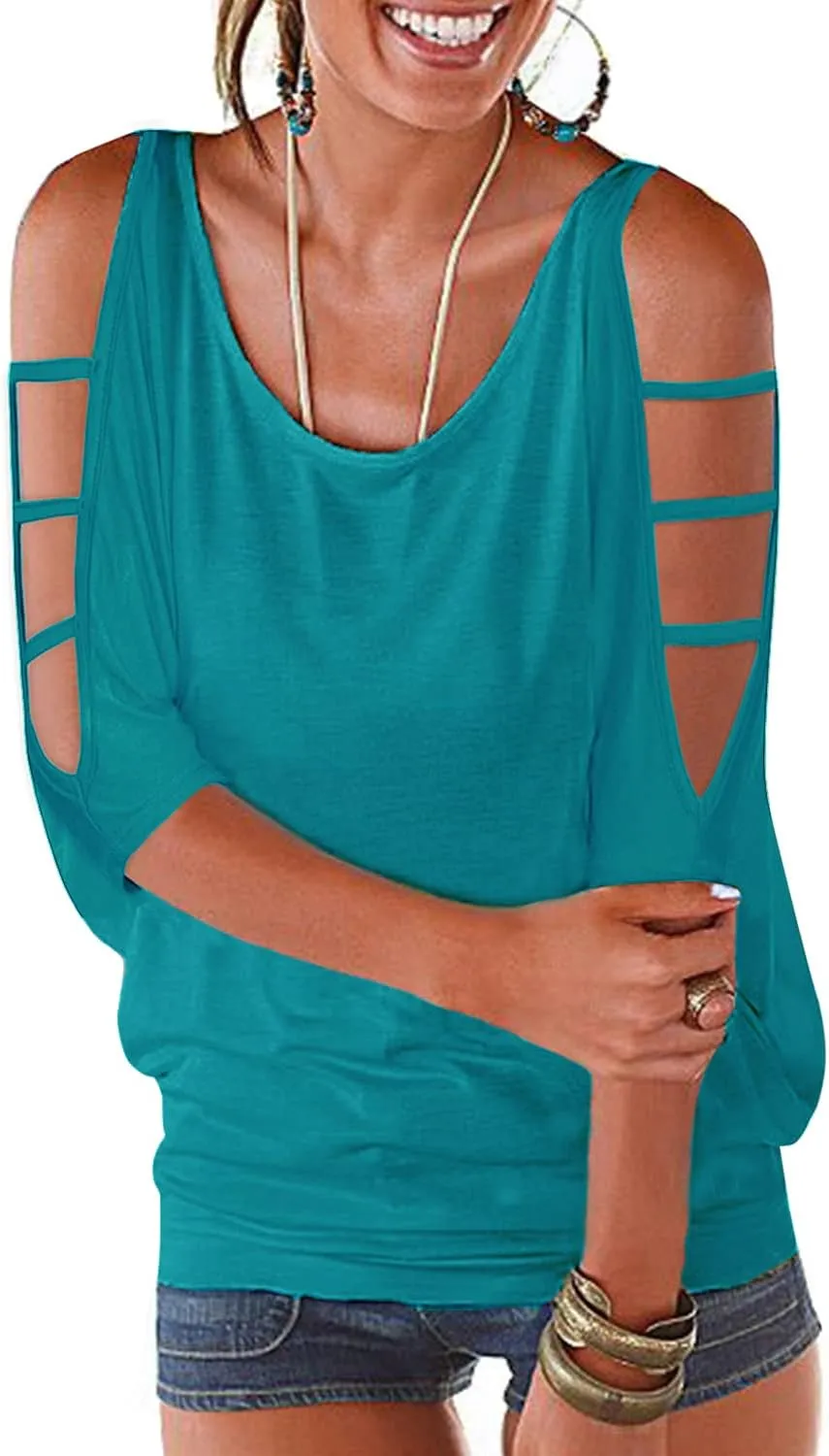 Womens Summer Cold Shoulder Tops 3/4 Sleeve T Shirts Pullover Casual Dolman Blouses