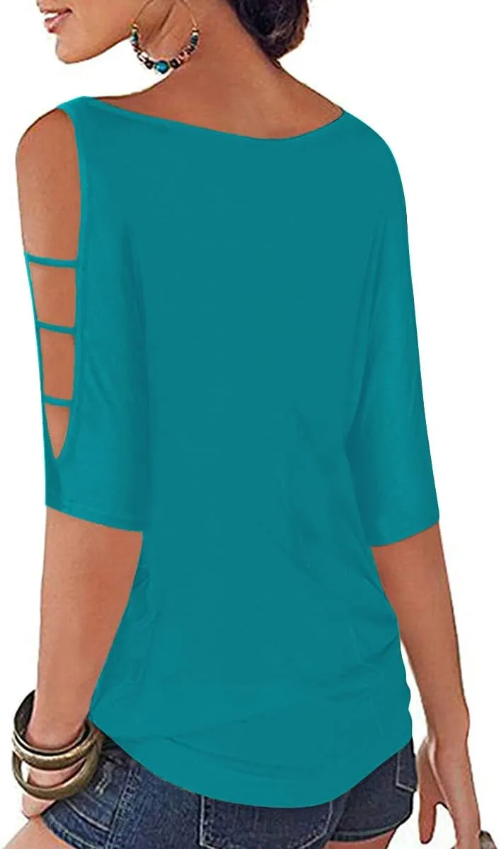Womens Summer Cold Shoulder Tops 3/4 Sleeve T Shirts Pullover Casual Dolman Blouses