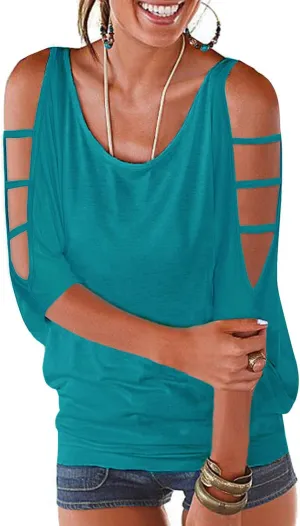 Womens Summer Cold Shoulder Tops 3/4 Sleeve T Shirts Pullover Casual Dolman Blouses