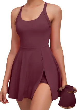 Womens Tennis Workout Dress with Open-Back Waistband Shorts Golf Acitve Side Slit Dresses