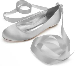 Women's Wedding Bridal Shoes Satin Flats Round Toe Wedding Bridal Party Dress Pumps Satin Closed Mouth Ribbon Ballerina Shoes