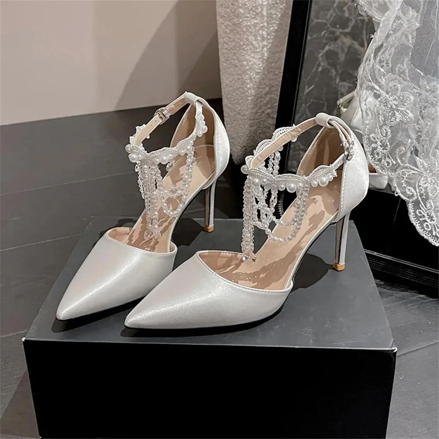 Women's Wedding Tassel Chain High Heel Sandals, Thin Heel Bridal Party Shoes