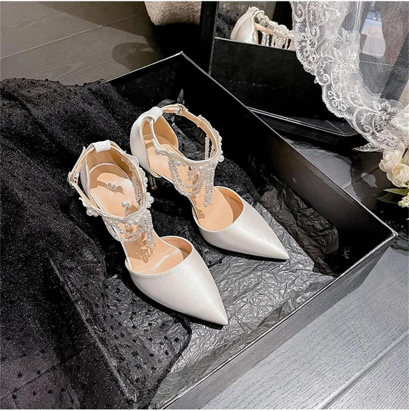 Women's Wedding Tassel Chain High Heel Sandals, Thin Heel Bridal Party Shoes