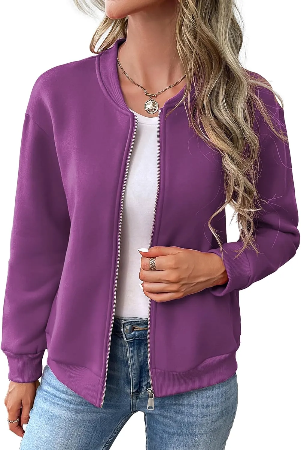 Women's Zip Up Sweatshirts Jackets Long Sleeve Bomber Jacket Casual Outwear with Pockets