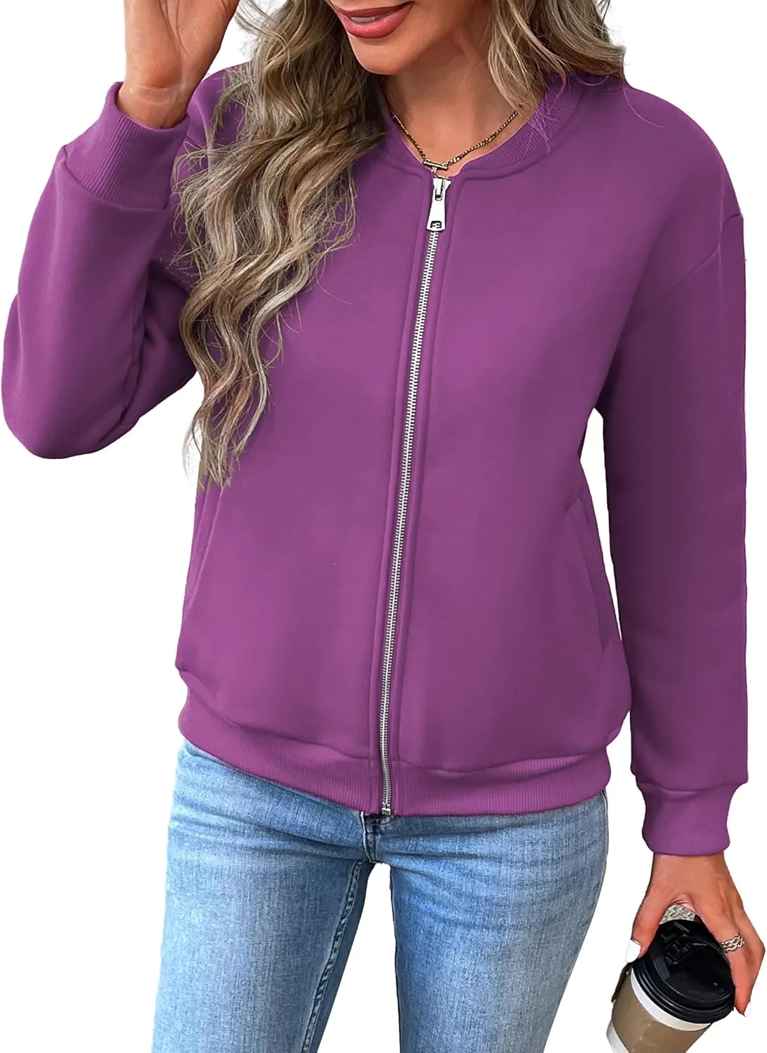 Women's Zip Up Sweatshirts Jackets Long Sleeve Bomber Jacket Casual Outwear with Pockets