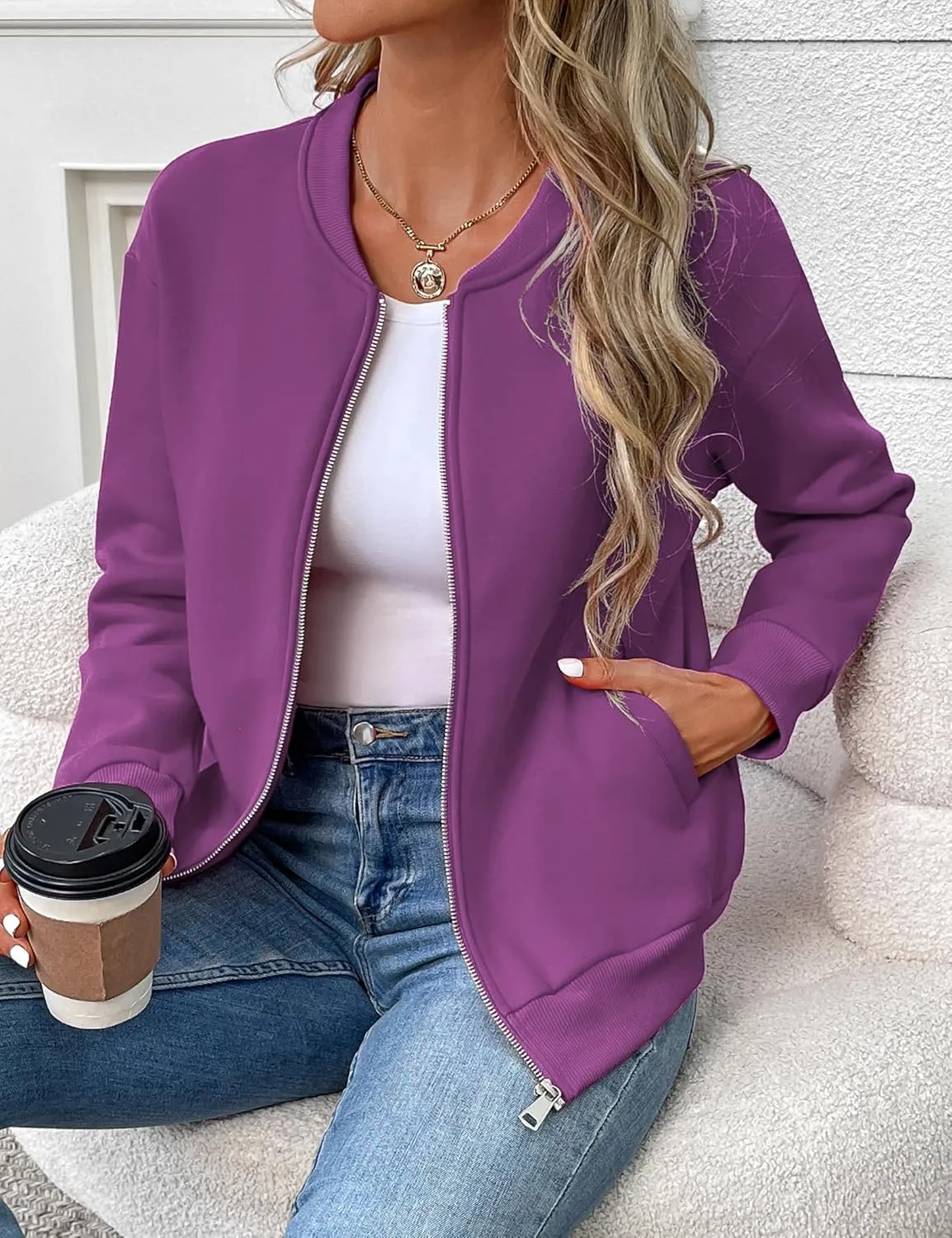 Women's Zip Up Sweatshirts Jackets Long Sleeve Bomber Jacket Casual Outwear with Pockets