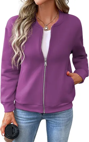 Women's Zip Up Sweatshirts Jackets Long Sleeve Bomber Jacket Casual Outwear with Pockets