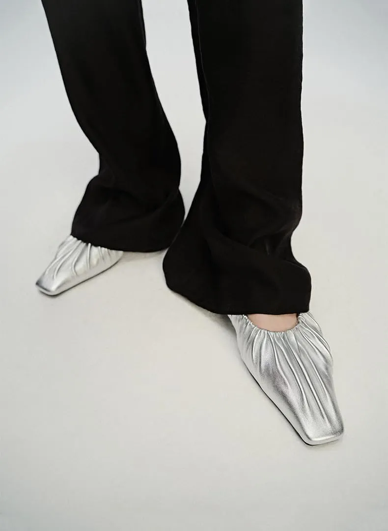 Wrinkled Leather Ballet Flats for Women's Shallow Mouth Flat Shoes Casual Comfort Soft Slip On Dressy Ballet Flats for Office Work Shoes
