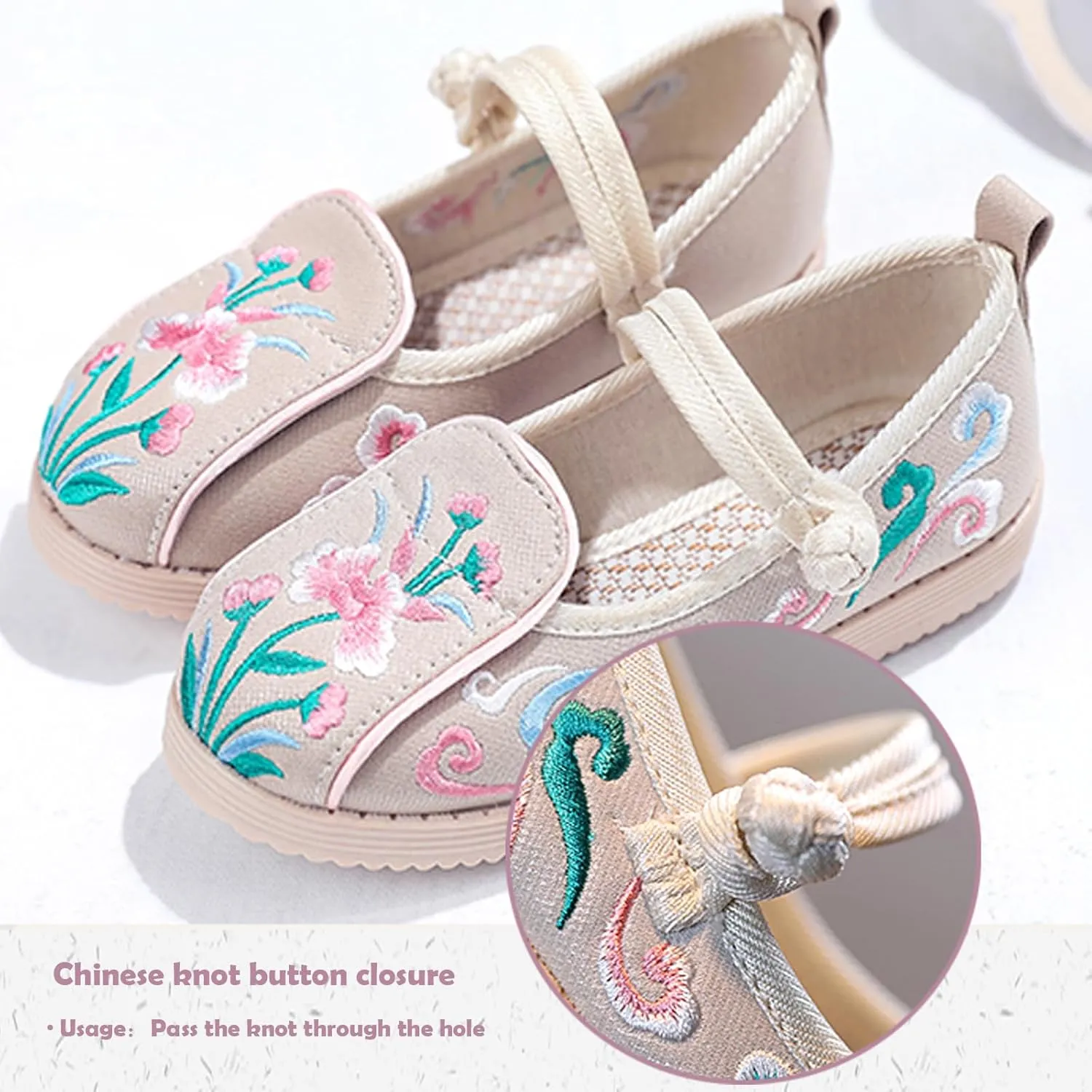 WUIWUIYU Toddlers Girls Chinese Traditional Embroidered Shoes Round Toe Ballet Flats Retro Dress Mary Jane Flat