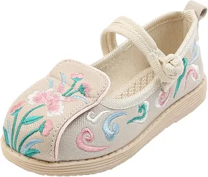 WUIWUIYU Toddlers Girls Chinese Traditional Embroidered Shoes Round Toe Ballet Flats Retro Dress Mary Jane Flat