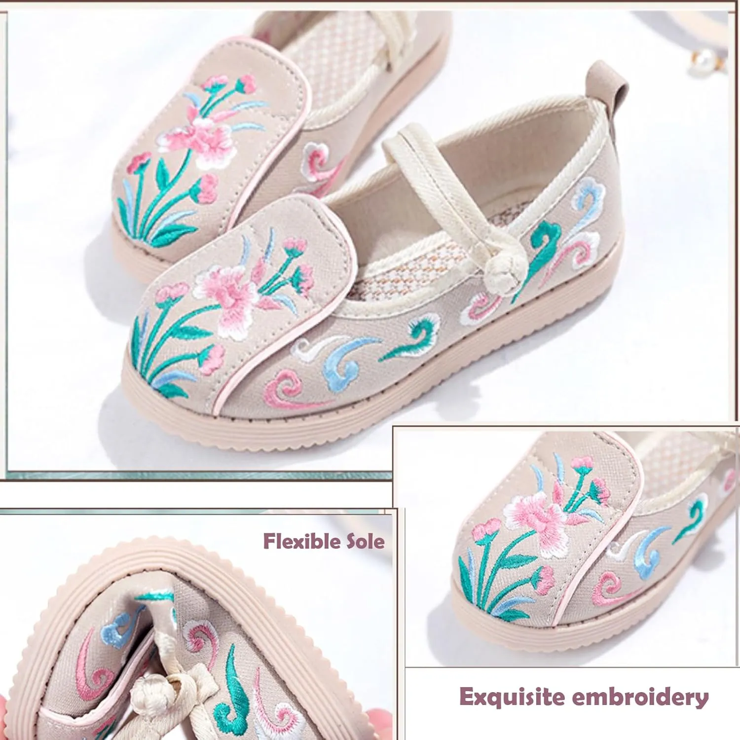 WUIWUIYU Toddlers Girls Chinese Traditional Embroidered Shoes Round Toe Ballet Flats Retro Dress Mary Jane Flat