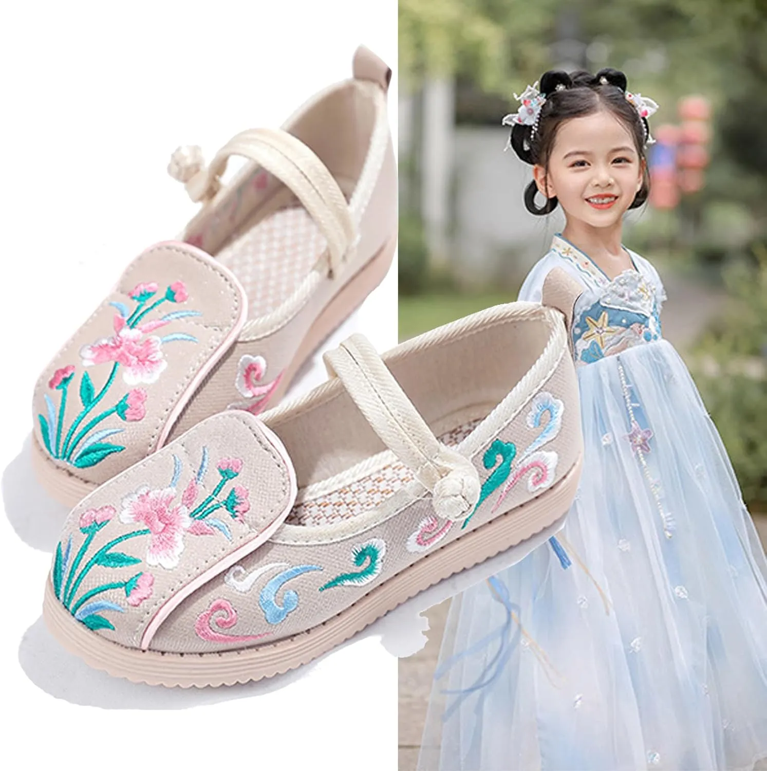 WUIWUIYU Toddlers Girls Chinese Traditional Embroidered Shoes Round Toe Ballet Flats Retro Dress Mary Jane Flat