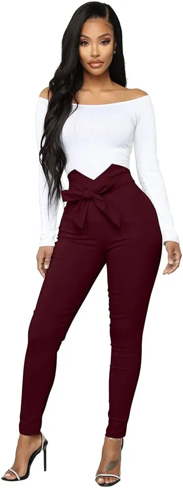 XXTAXN Women's Casual High Waist Stretch Trousers Solid Pencil Pants with Tie