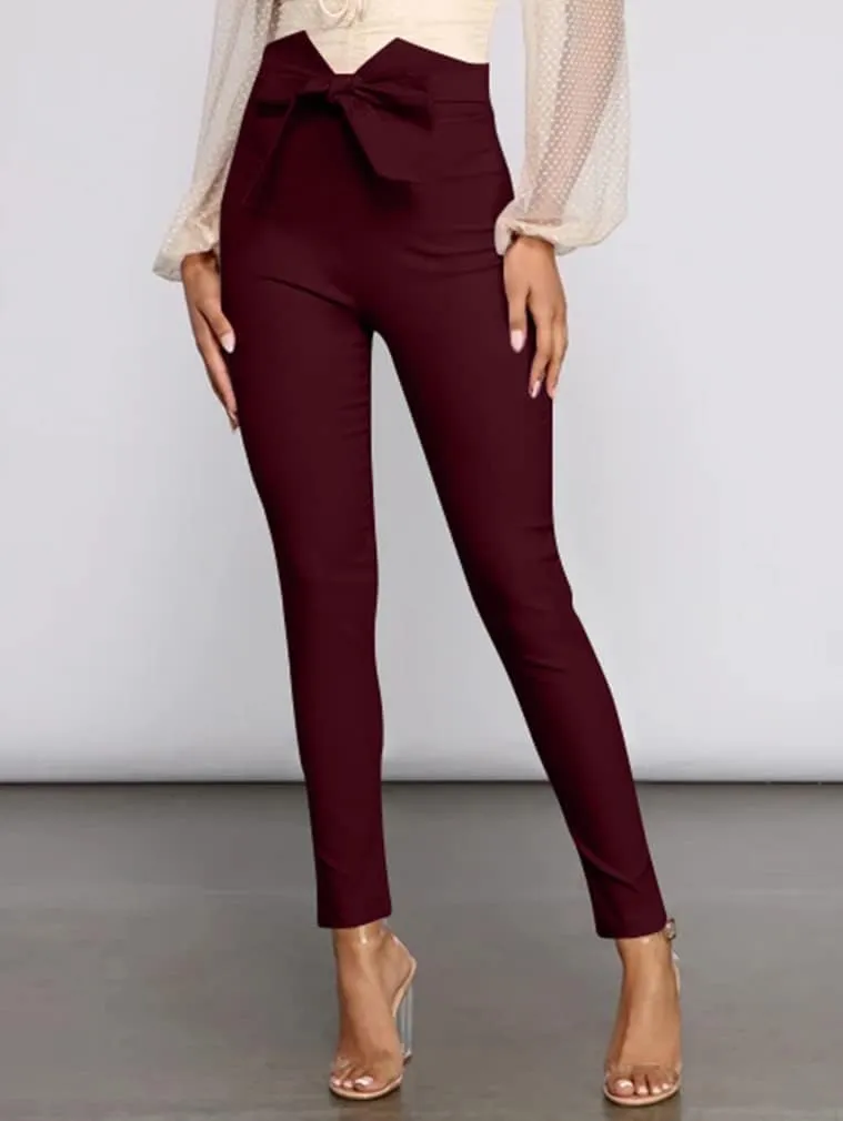 XXTAXN Women's Casual High Waist Stretch Trousers Solid Pencil Pants with Tie
