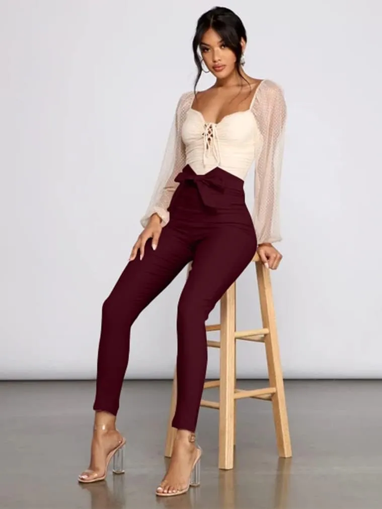 XXTAXN Women's Casual High Waist Stretch Trousers Solid Pencil Pants with Tie