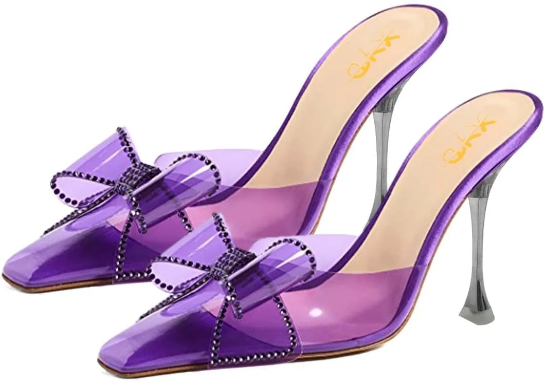 XYD Clear Mules for Women Sandals PVC Square Toe Metal High Heel Pumps Crystal Bowtie Slip On Dressy Slides Shoes