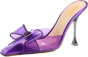 XYD Clear Mules for Women Sandals PVC Square Toe Metal High Heel Pumps Crystal Bowtie Slip On Dressy Slides Shoes
