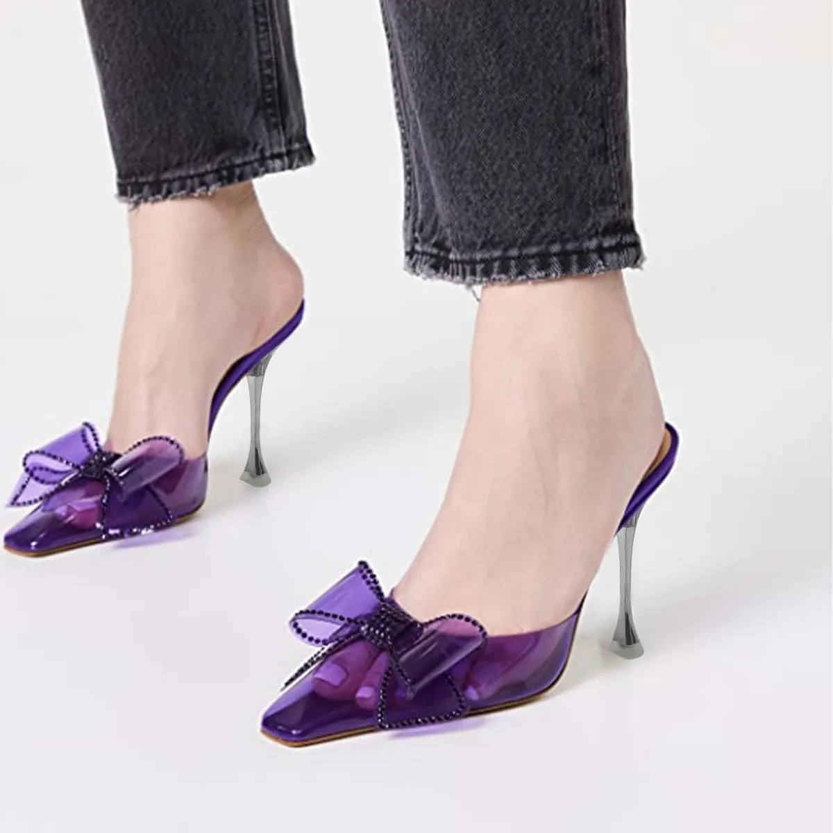XYD Clear Mules for Women Sandals PVC Square Toe Metal High Heel Pumps Crystal Bowtie Slip On Dressy Slides Shoes