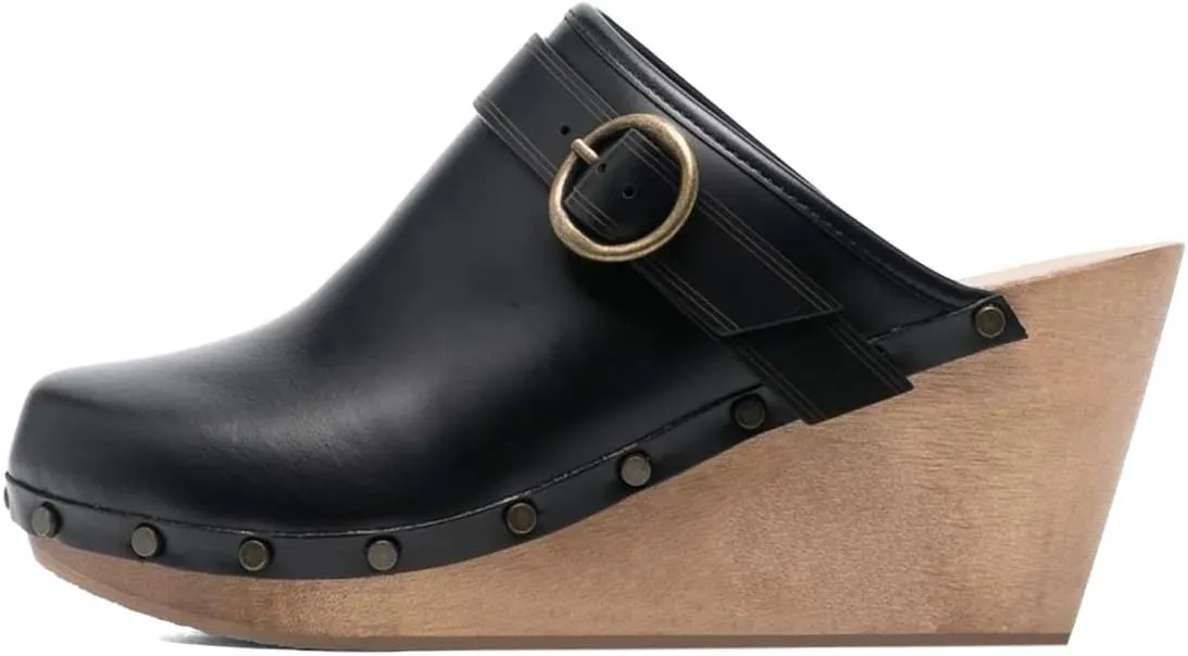 XYD Cork Mules Heels for Women Chic Studs Buckle Strap Fasten Closed Round Toe Slip On Wedge Slides Casual Event Dress Shoes