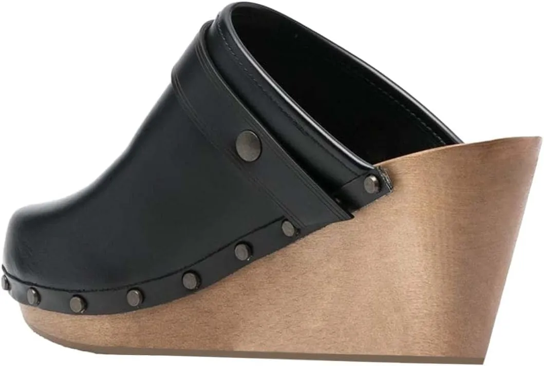 XYD Cork Mules Heels for Women Chic Studs Buckle Strap Fasten Closed Round Toe Slip On Wedge Slides Casual Event Dress Shoes